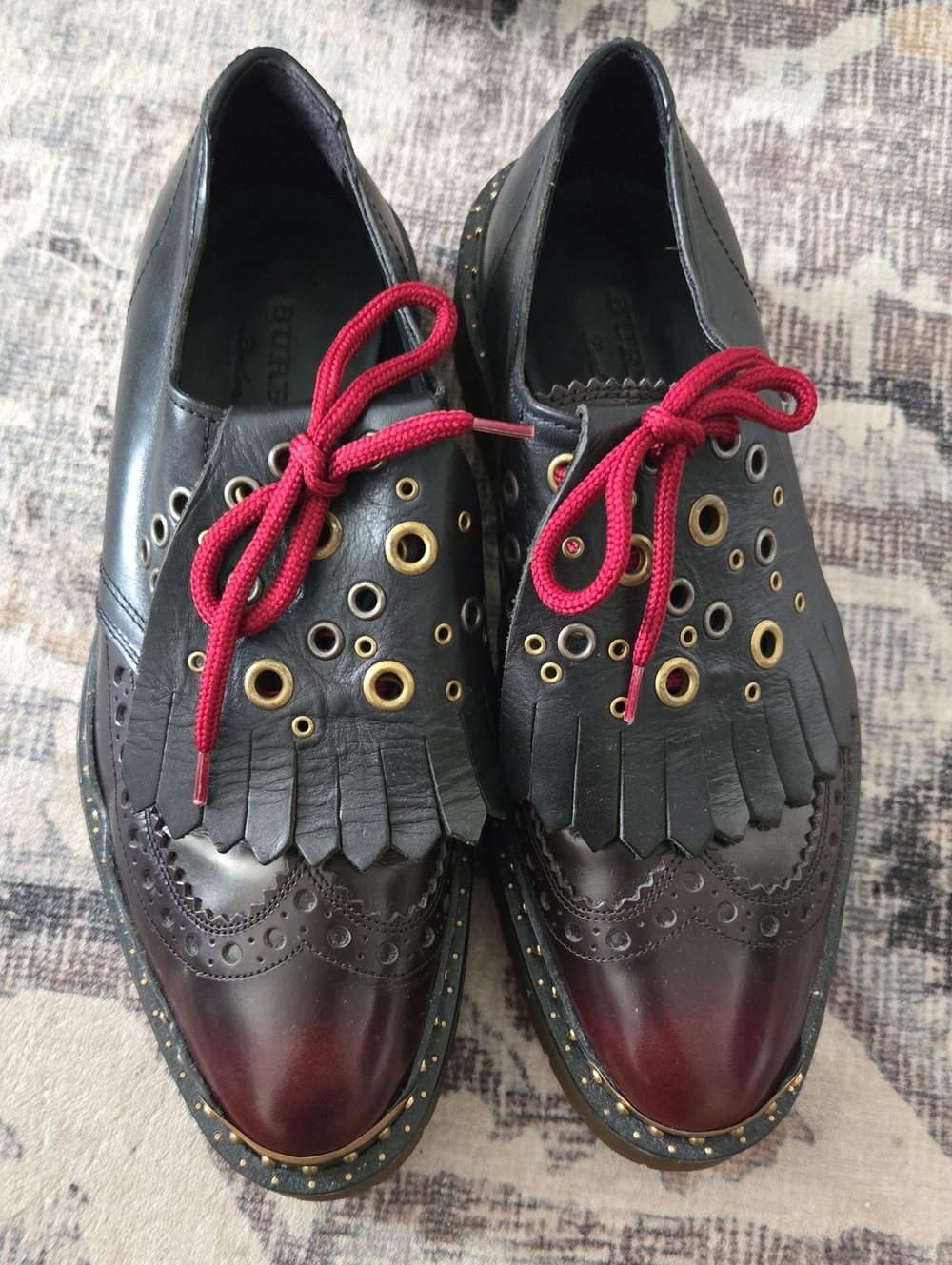 Burberry Black and Burgundy Brogue Kiltie Oxfords with Red Laces